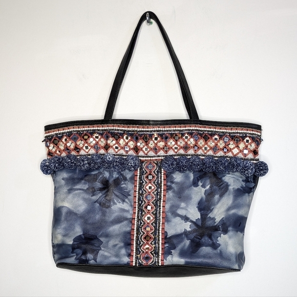 Rebecca Minkoff Handbags - Rebecca Minkoff Dreamy Tote Blue Tie Dye Pom & Bead Cotton & Leather Bag